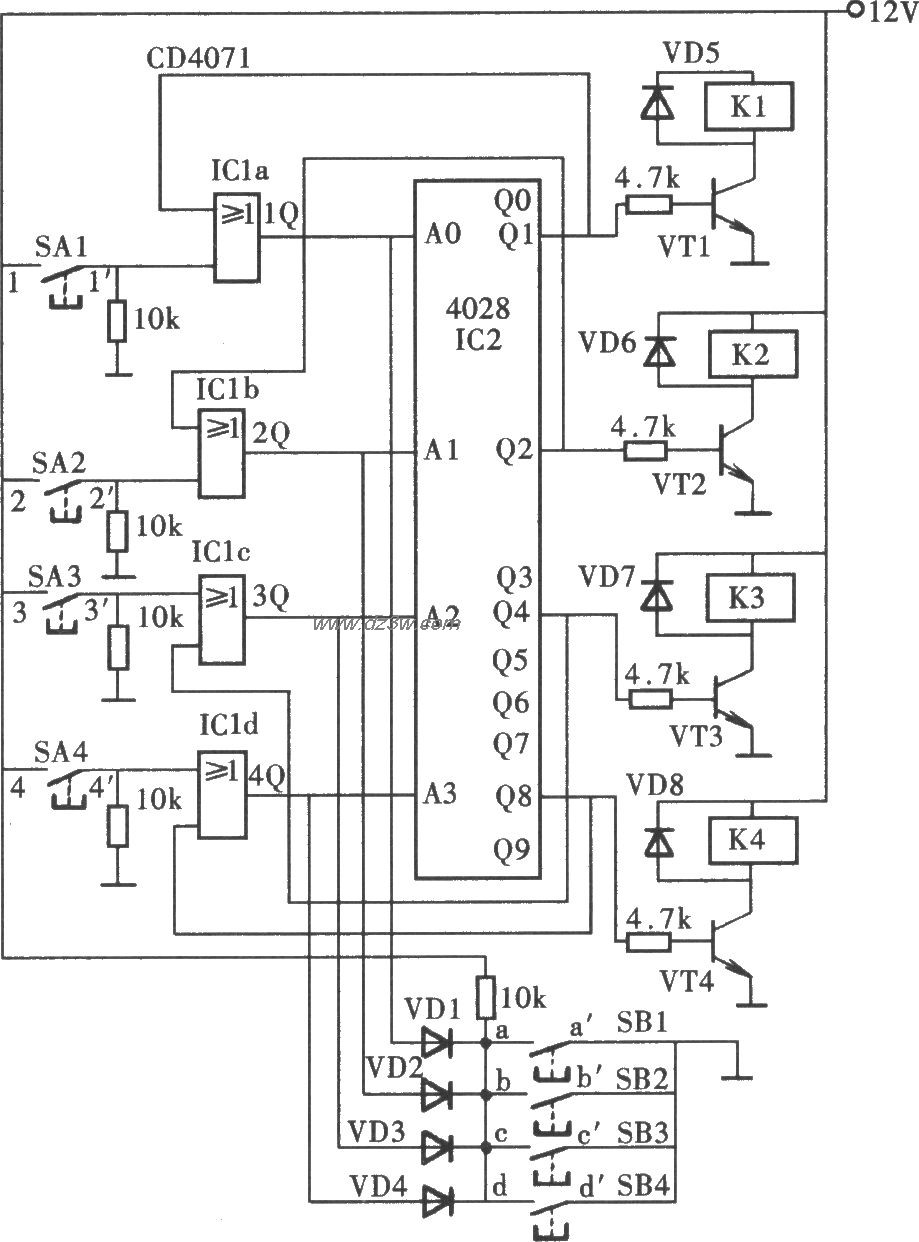 由CD4028组成的楼梯灯控电路图