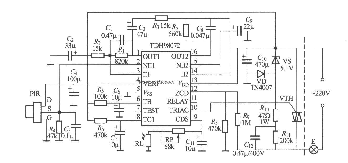 热释电红外感应自动灯电电路图