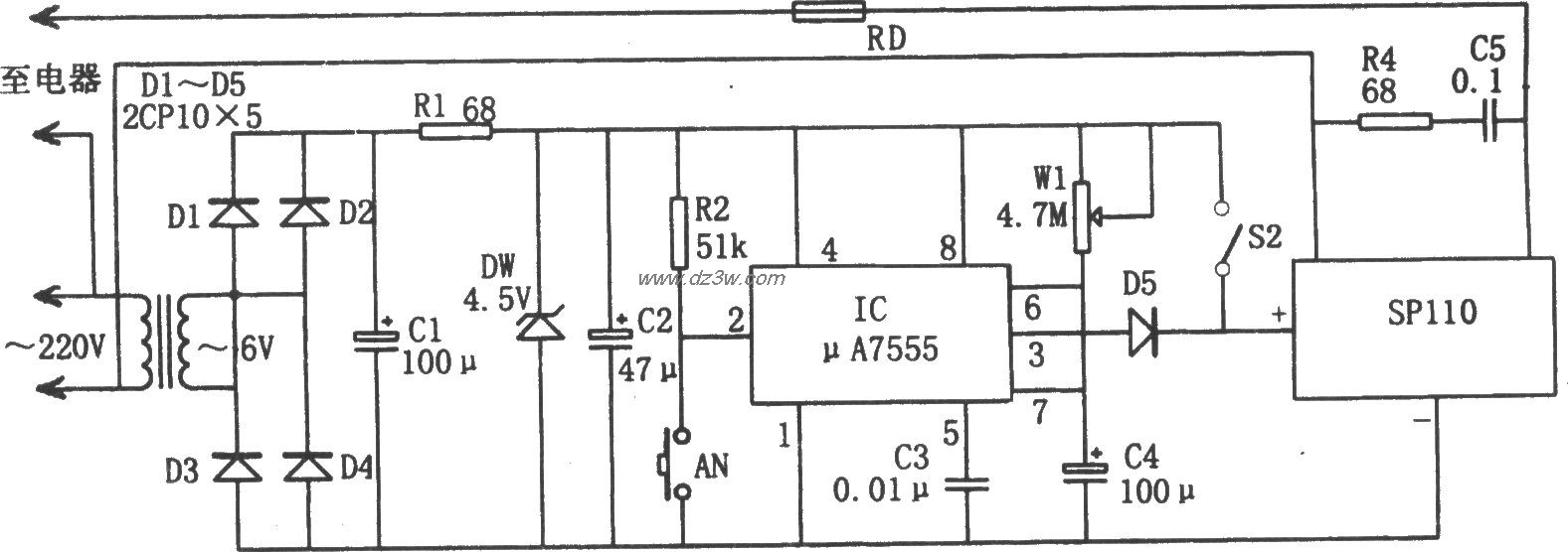 μA7555构成的交流电定时电路图