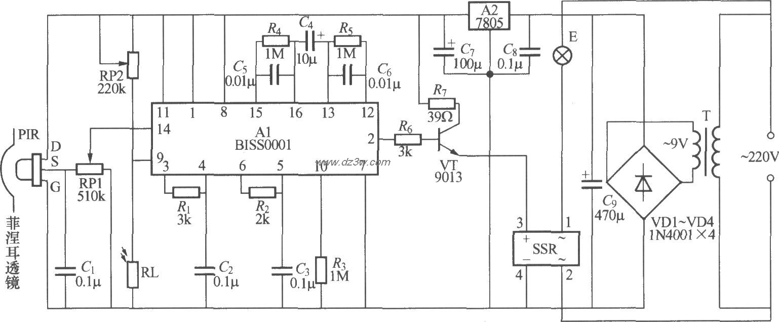 热释电红外感应自动灯电电路图
