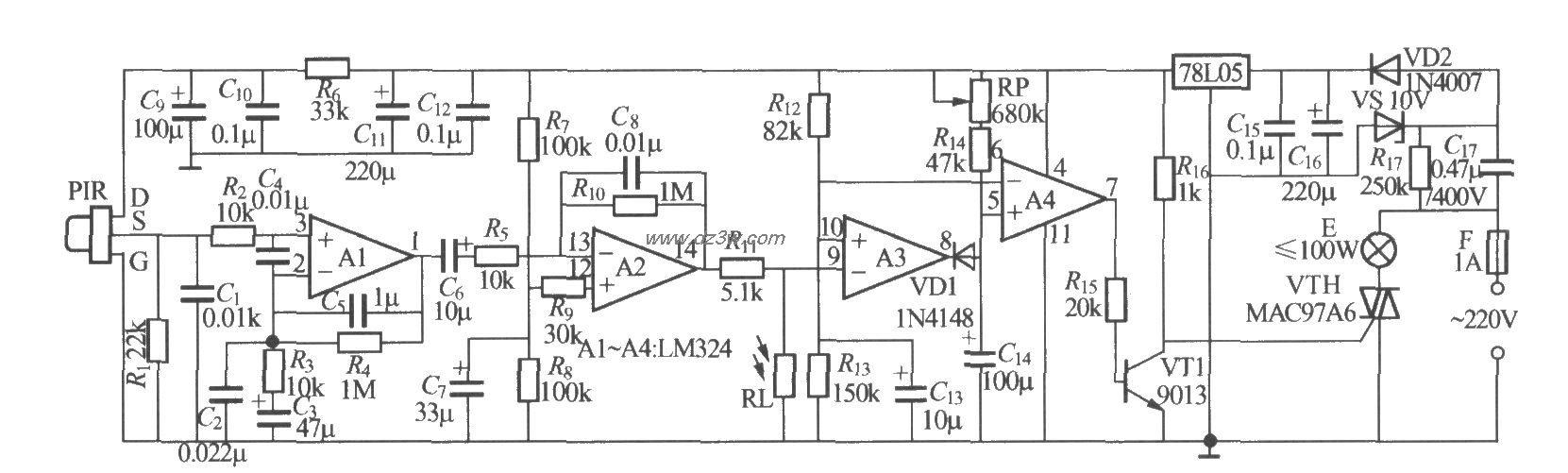 热释电红外感应自动灯电电路图