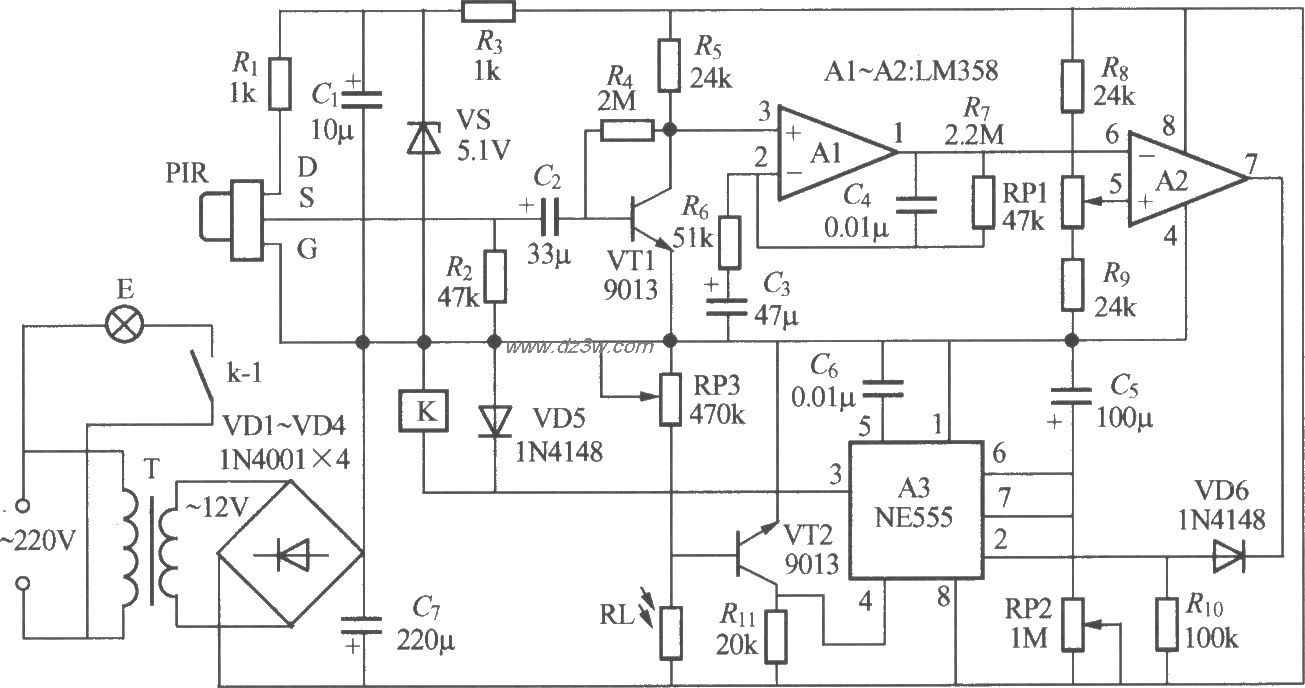 热释电红外感应自动灯电电路图