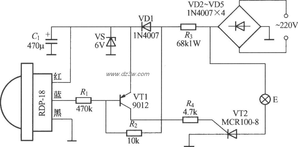 热释电红外感应自动灯电电路图