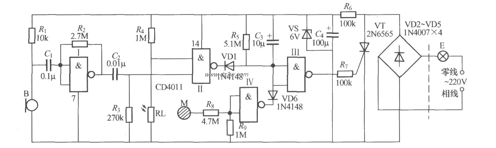 声、光与触摸三控楼梯延电路图