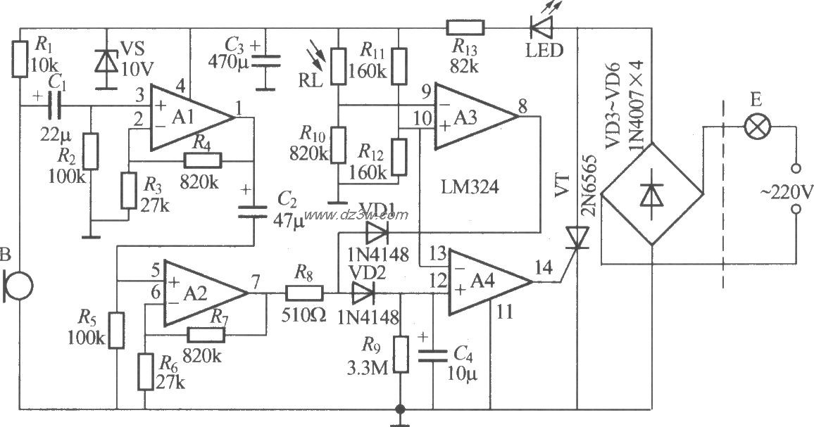 采用运放的声光控楼梯延电路图