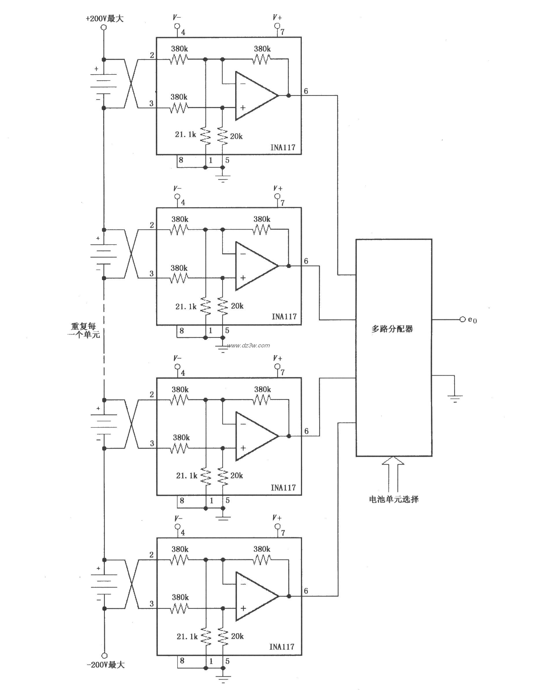 利用INA117组成电池单元电路图