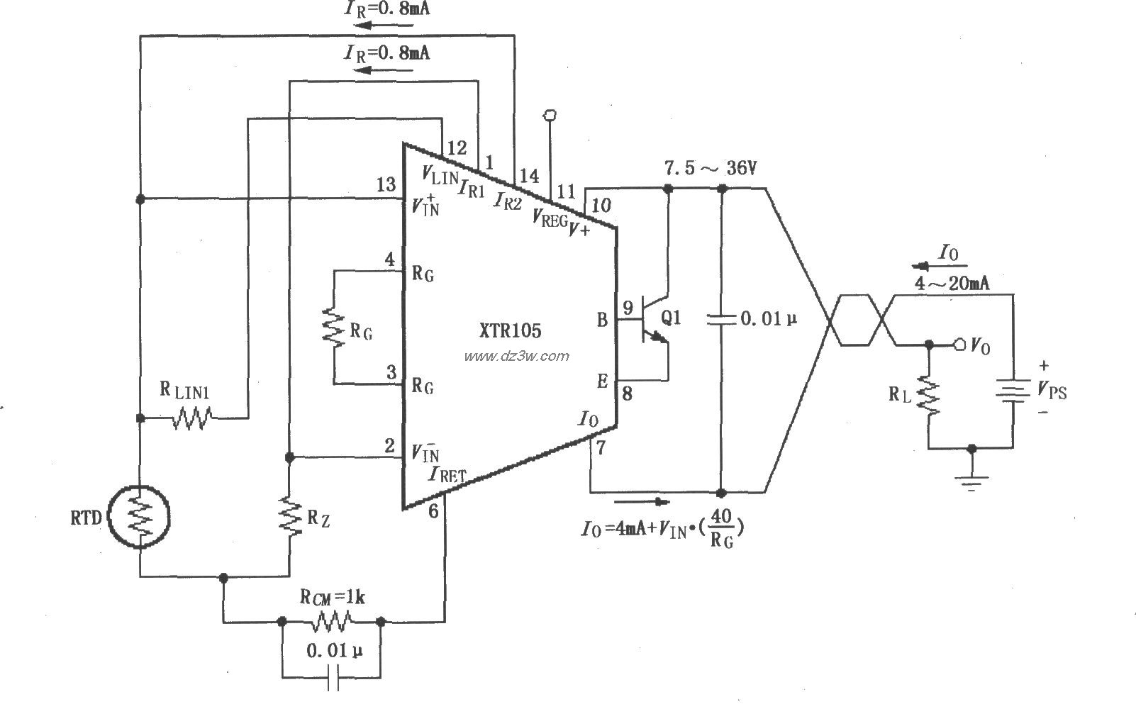 具有线性化的两线RTD温度电路图