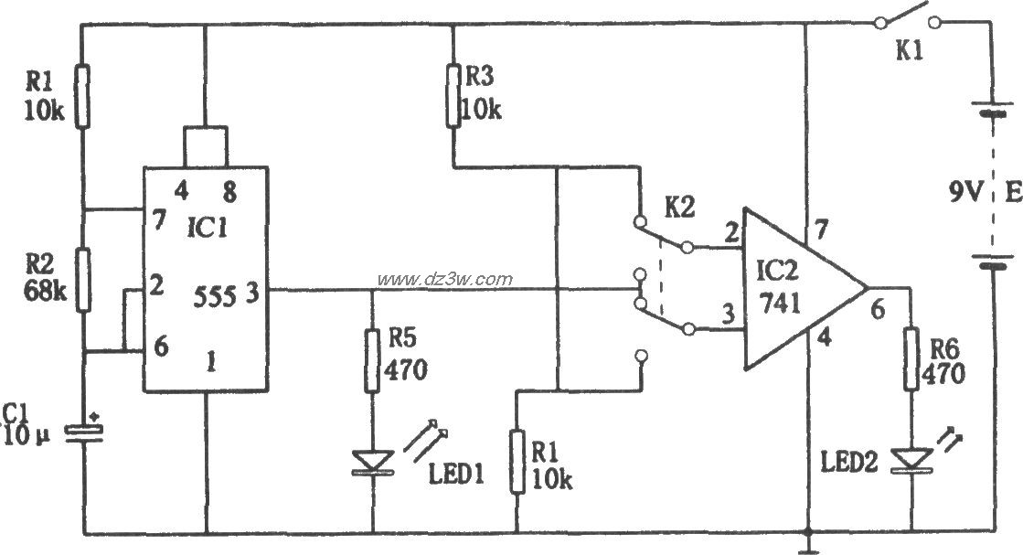 555和741运放好坏鉴别器电路图