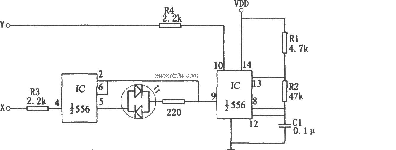 556构成的简易二线逻辑状电路图