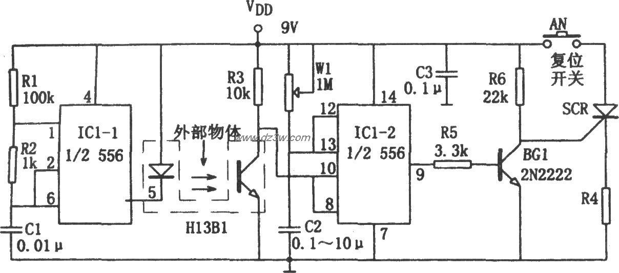 556构成的光电子脉冲遗漏电路图