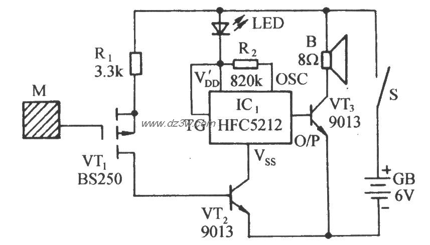 静电探测声光报讯器电路电路图