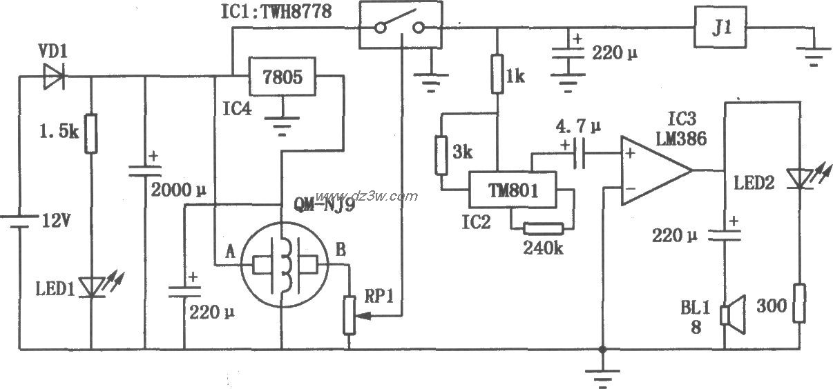 司机酒精检测报警控制器电路图