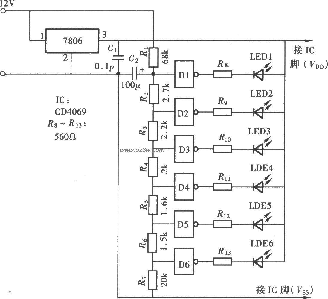 用门电路组成LED电压表电路图