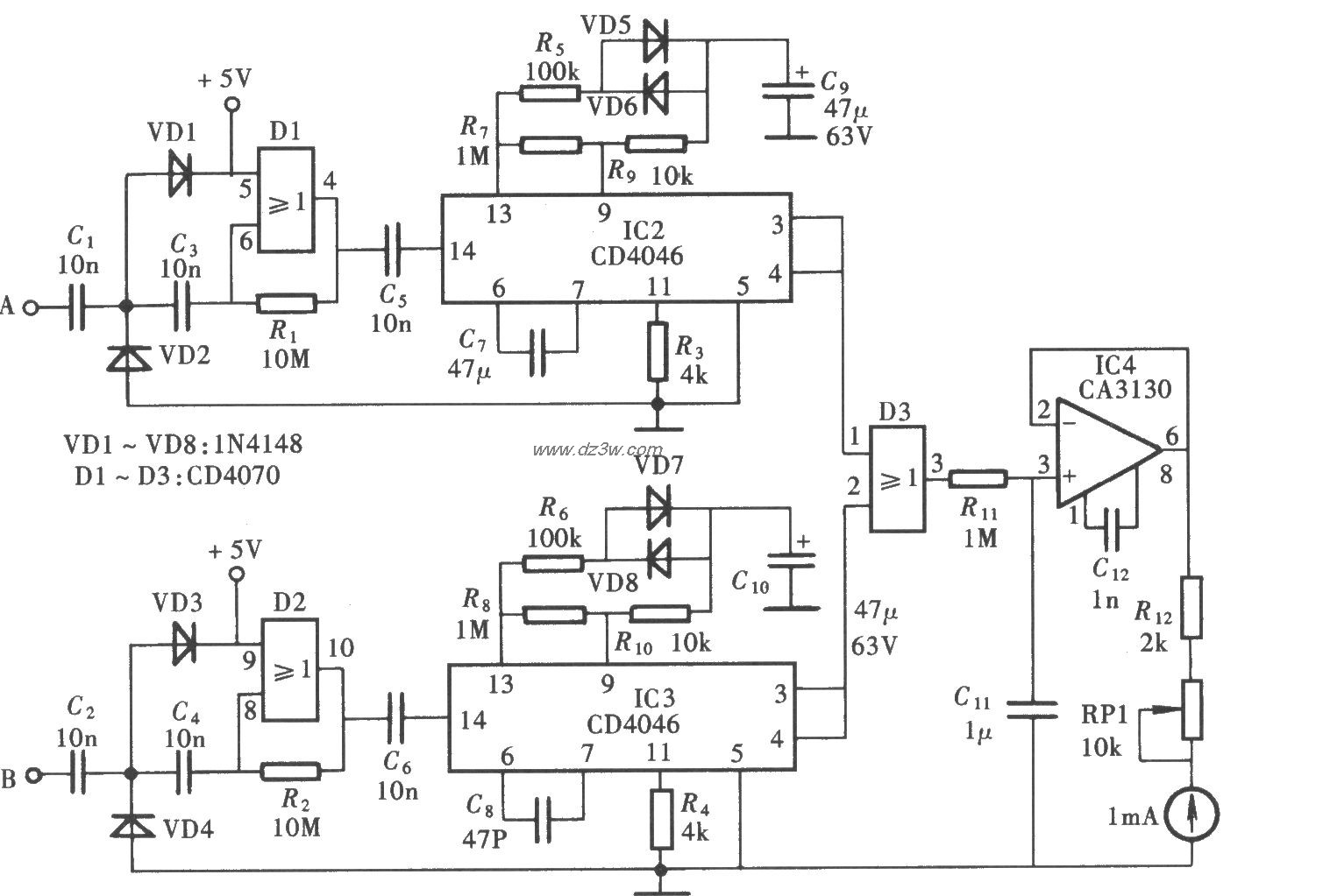 用CD4046组成的相位检测电路图