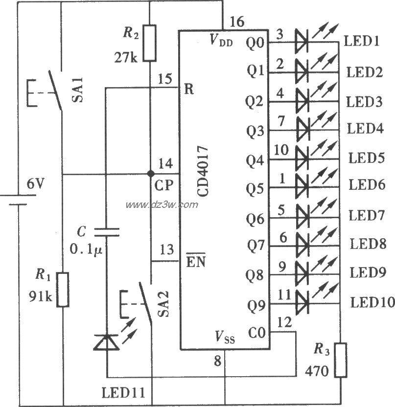 CD4017自身质量检测仪电路图