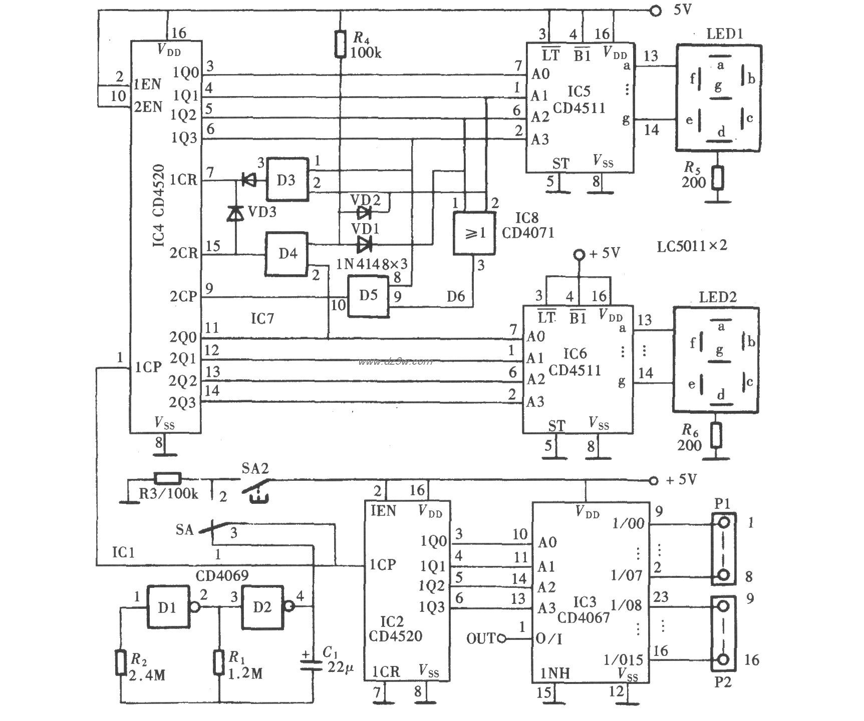 十六通道数显式自动巡检电路图