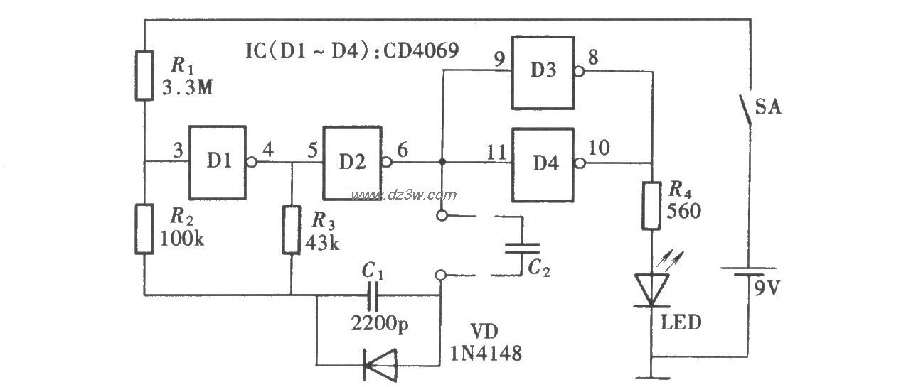 电容鉴别仪(CD4069)电路图