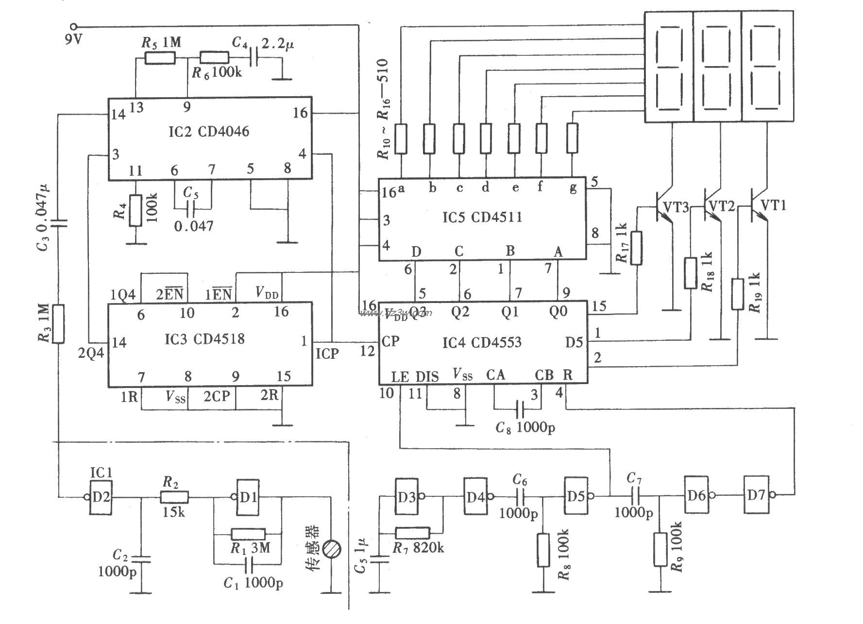 快速心率测量计(CD4518、电路图