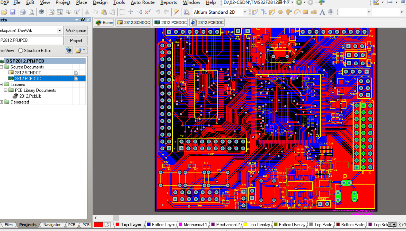 TMS32F2812最小系统ALTIUM设计原理图+PCB+封装库 包括时钟 电源 SCI spi 