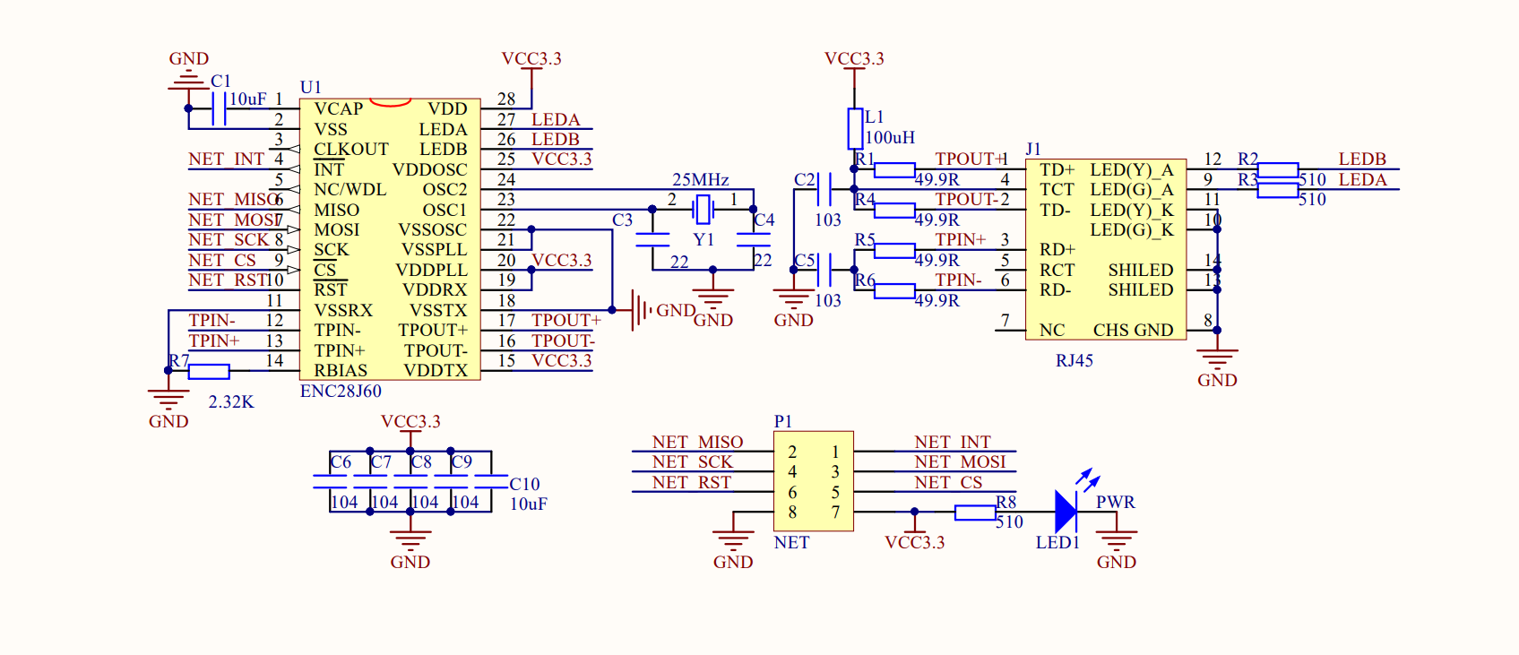 ENC28J60以太网模块PDF原理图+AD集成封装库文件+STM32开发板软件DEMO例程