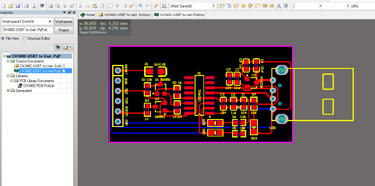 CH340 USB 转串口 AD设计硬件原理图+PCB文件