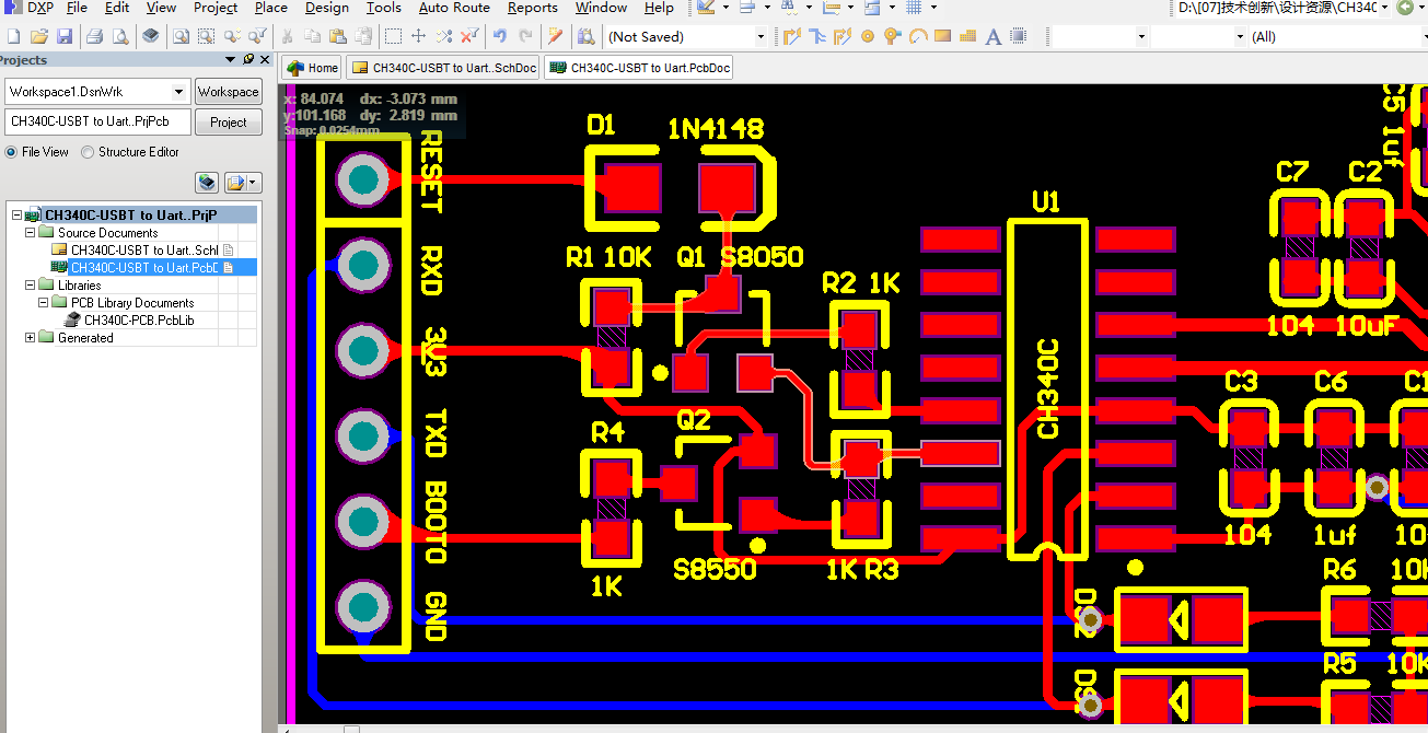 CH340 USB 转串口 AD设计硬件原理图+PCB文件