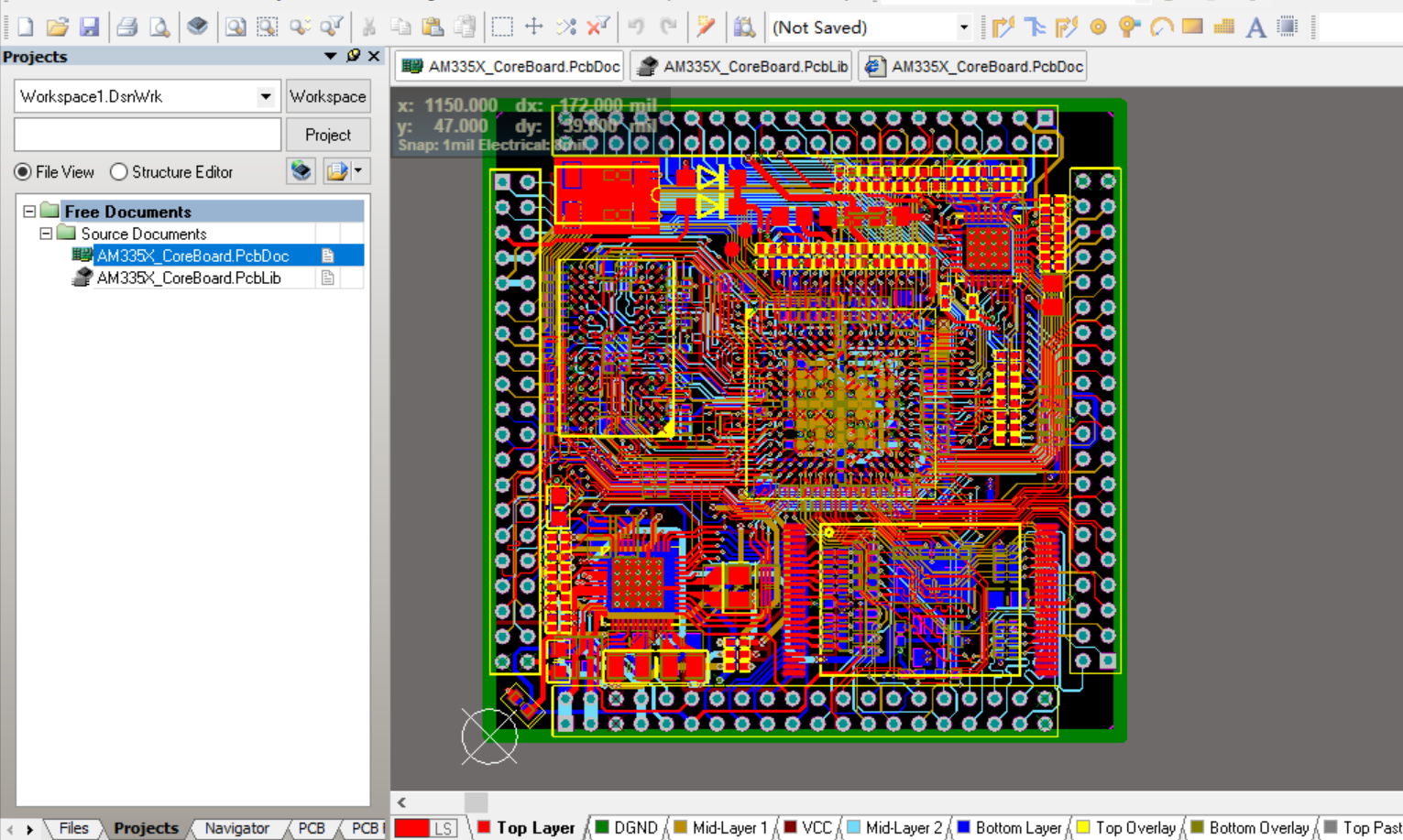 AM335X核心板PCB+封装库文件 AD格式 6层板 50x50mm 4x40pin排针引出