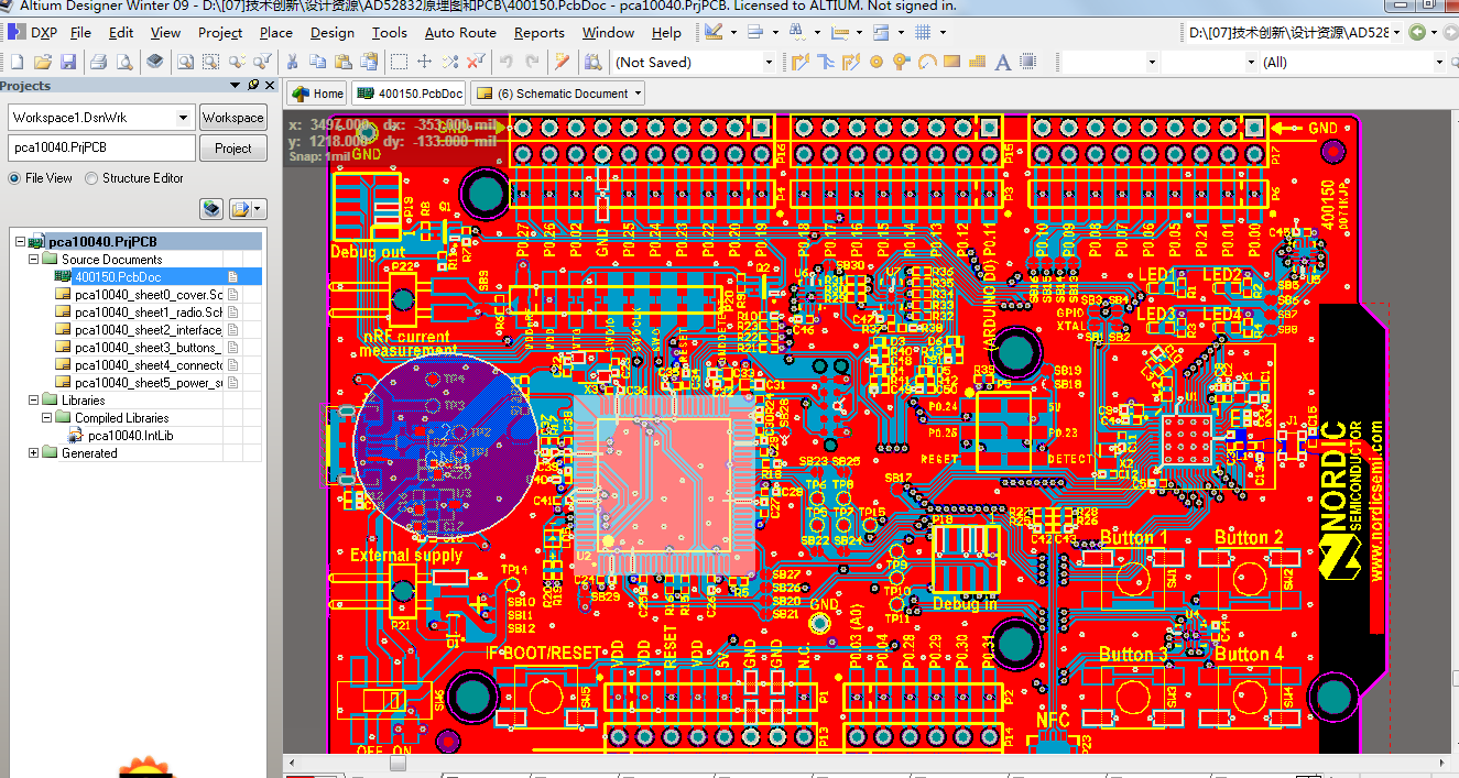 nRF52832无线蓝牙开发板ad原理图+PCB+封装文件