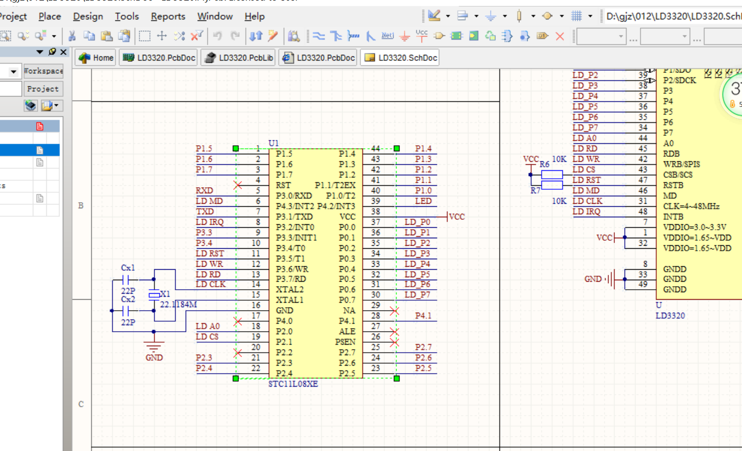 STC11L08XE单片机+LD3320音频控制板AD设计原理图+PCB+封装库文件