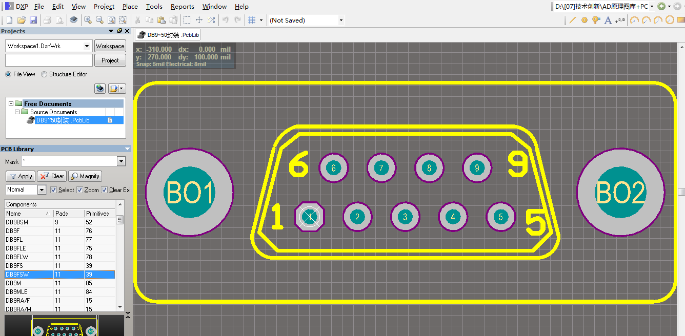 DB9 DB15 DB25 DB37 DB50 Altium AD元件库 PCB封装库